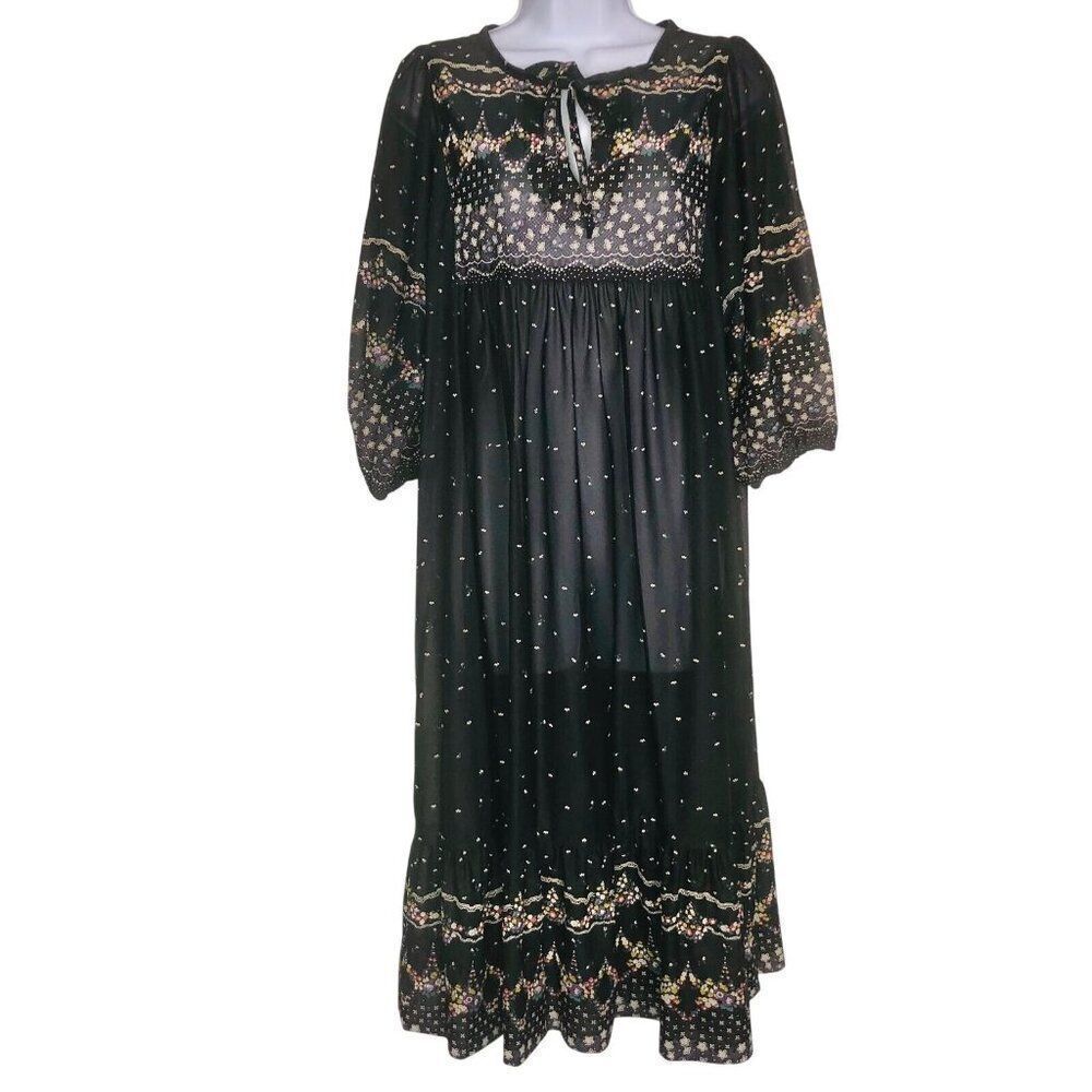 Lady Carol Womens XL Boho Blouson Dress Black Floral Midi Balloon Sleeves